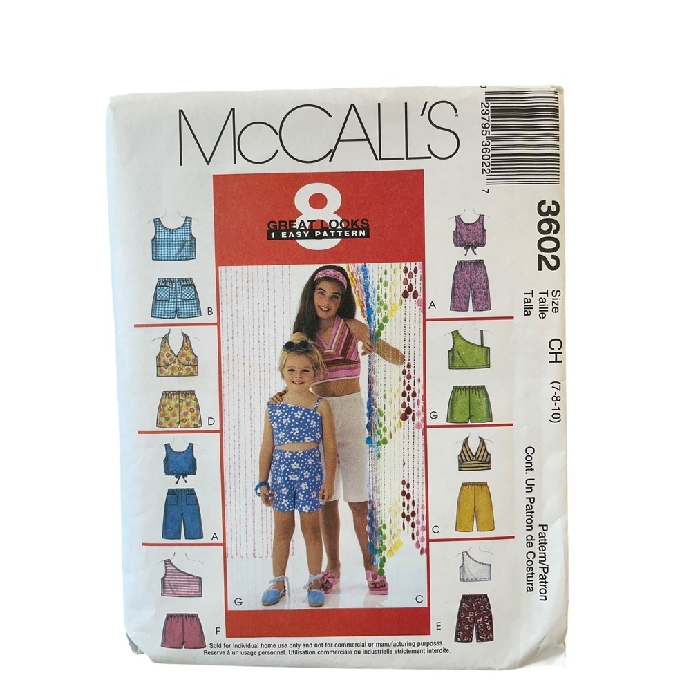 McCALL'S 3602 Girls Tops Shorts Size 7-8-10 Casual Summer Sewing FF UNCUT